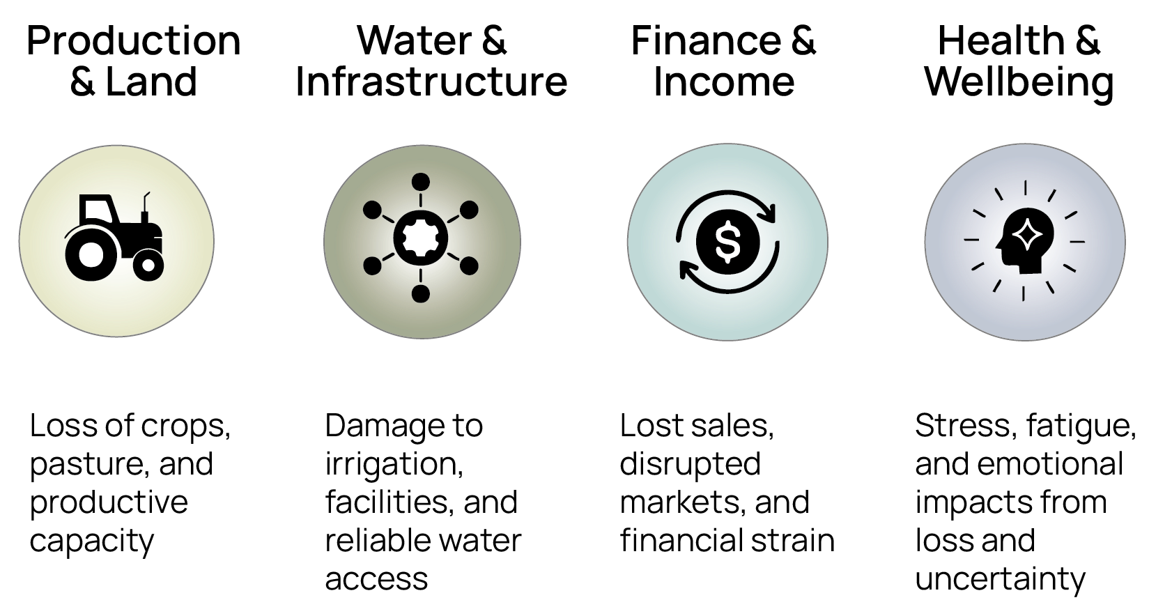 Commonly shared impacts across four categories: Production and Land, Infrastructure and Water, Finance and Income, and Health and Wellbeing.